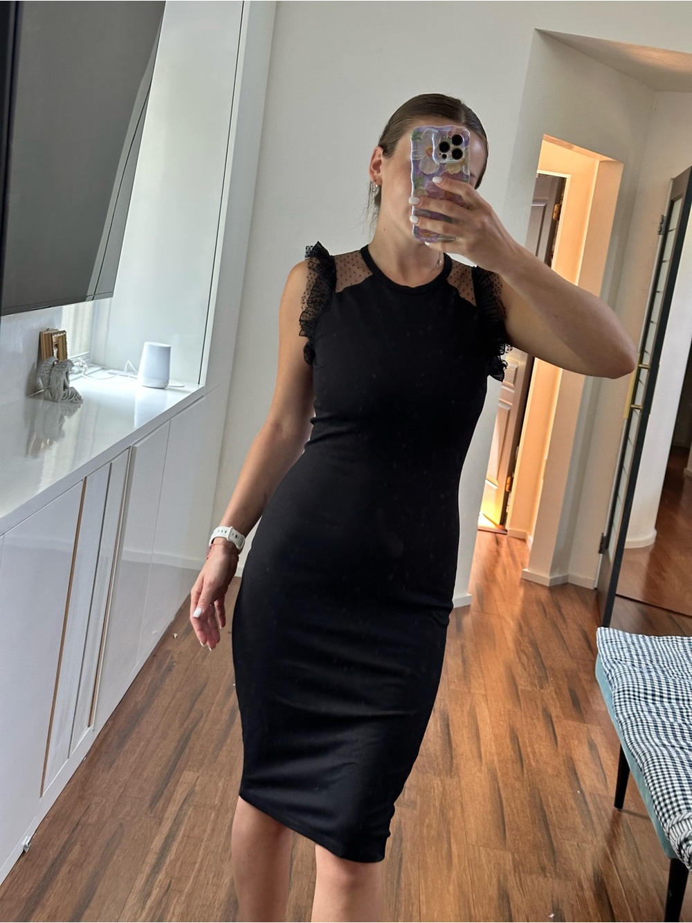 RED Valentino Black Midi Dress with Lace Cap Shoulders